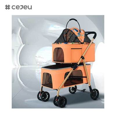 CJ-TQ-747-B 네 바퀴 가벼운 이중층 반려동물 산책병 충격 흡수 접이식 케이지 강아지 운반자 여행